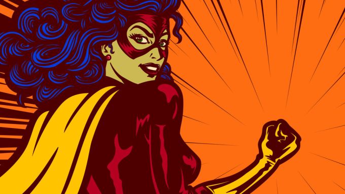 Pop art comics style superheroine with clenched fist female superhero vector illustration